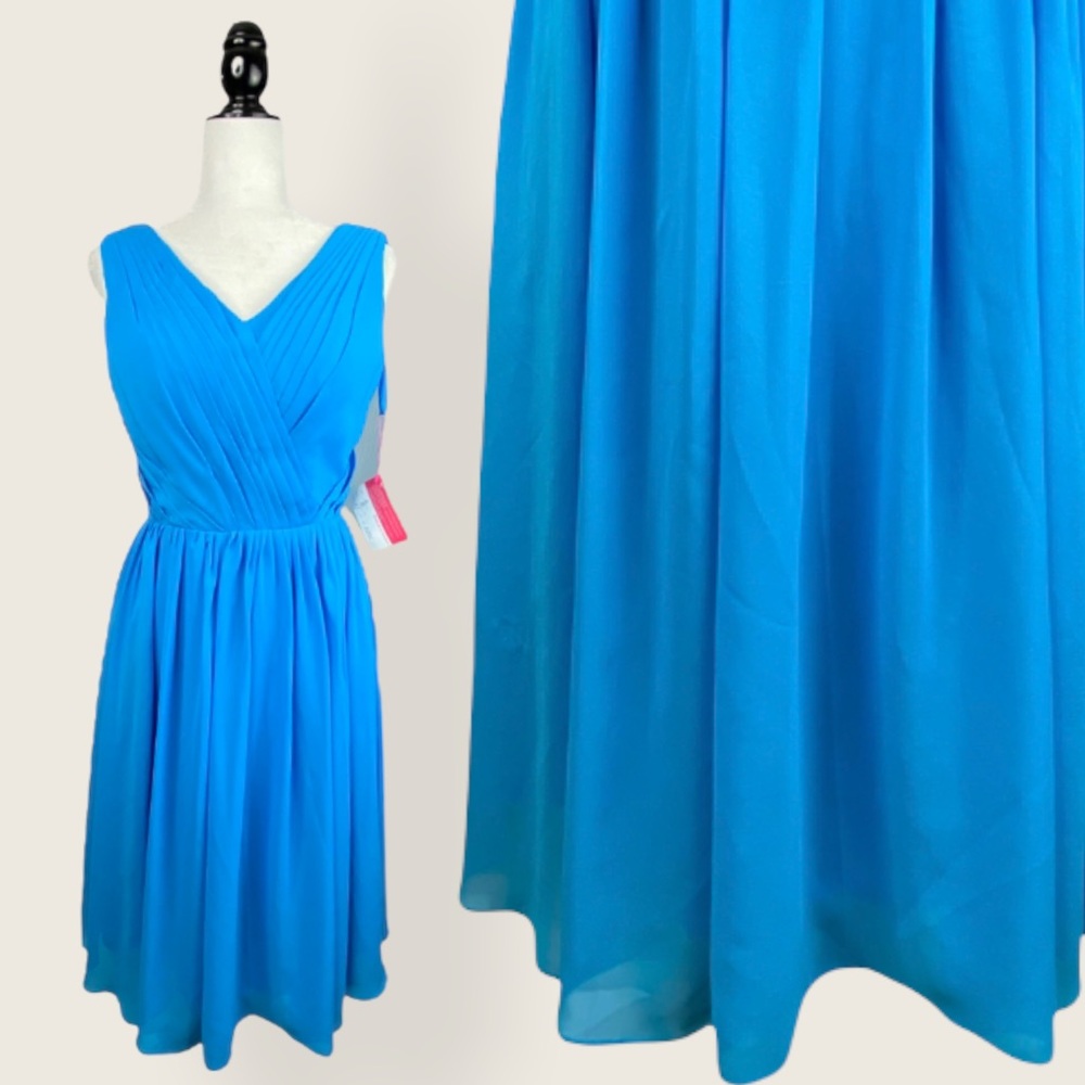 NWT Pleated V-Neck Electric Blue A-Line Midi Dress